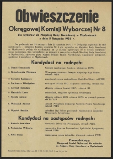 Obwieszczenie Okręgowej Komisji Wyborczej Nr 8 dla wyborów do Miejskiej Rady Narodowej w Mysłowicach z dnia 5 listopada 1954 r.