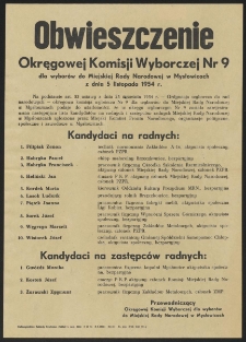 Obwieszczenie Okręgowej Komisji Wyborczej Nr 9 dla wyborów do Miejskiej Rady Narodowej w Mysłowicach z dnia 5 listopada 1954 r.