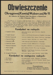 Obwieszczenie Okręgowej Komisji Wyborczej Nr 11 dla wyborów do Miejskiej Rady Narodowej w Mysłowicach z dnia 5 listopada 1954 r.