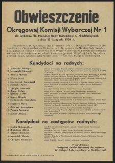 Obwieszczenie Okręgowej Komisji Wyborczej Nr 1 dla wyborów do Miejskiej Rady Narodowej w Niedobczycach z dnia 15 listopada 1954 r.