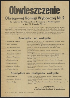 Obwieszczenie Okręgowej Komisji Wyborczej Nr 2 dla wyborów do Miejskiej Rady Narodowej w Niedobczycach z dnia 15 listopada 1954 r.