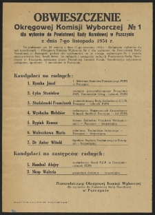 Obwieszczenie Okręgowej Komisji Wyborczej Nº1 dla wyborów do Powiatowej Rady Narodowej w Pszczynie z dnia 7-go listopada 1954 r.
