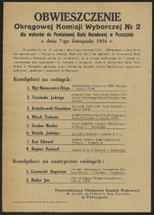 Obwieszczenie Okręgowej Komisji Wyborczej Nº2 dla wyborów do Powiatowej Rady Narodowej w Pszczynie z dnia 7-go listopada 1954 r.