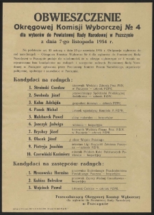 Obwieszczenie Okręgowej Komisji Wyborczej Nº4 dla wyborów do Powiatowej Rady Narodowej w Pszczynie z dnia 7-go listopada 1954 r.