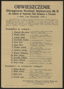 Obwieszczenie Okręgowej Komisji Wyborczej Nº5 dla wyborów do Powiatowej Rady Narodowej w Pszczynie z dnia 7-go listopada 1954 r.