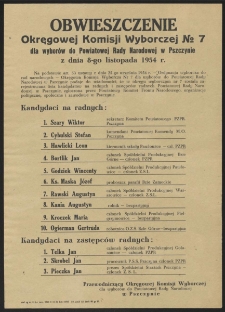 Obwieszczenie Okręgowej Komisji Wyborczej Nº7 dla wyborów do Powiatowej Rady Narodowej w Pszczynie z dnia 7-go listopada 1954 r.