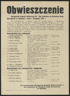 Obwieszczenie Okręgowej Komisji Wyborczej Nr 1 dla wyborów do Miejskiej Rady Narodowej w Rybniku z dnia 7 listopada 1954 r.