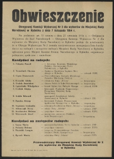 Obwieszczenie Okręgowej Komisji Wyborczej Nr 2 dla wyborów do Miejskiej Rady Narodowej w Rybniku z dnia 7 listopada 1954 r.