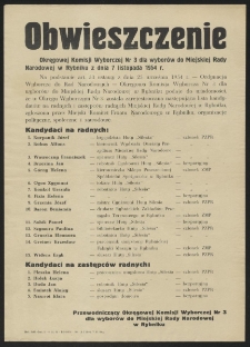 Obwieszczenie Okręgowej Komisji Wyborczej Nr 3 dla wyborów do Miejskiej Rady Narodowej w Rybniku z dnia 7 listopada 1954 r.