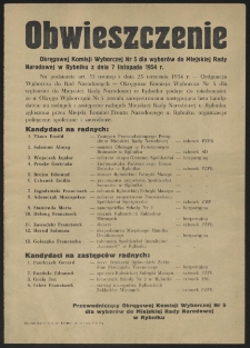 Obwieszczenie Okręgowej Komisji Wyborczej Nr 5 dla wyborów do Miejskiej Rady Narodowej w Rybniku z dnia 7 listopada 1954 r.