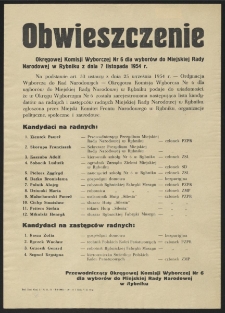 Obwieszczenie Okręgowej Komisji Wyborczej Nr 6 dla wyborów do Miejskiej Rady Narodowej w Rybniku z dnia 7 listopada 1954 r.