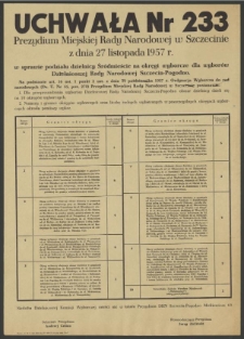 Uchwała Nr 233 Prezydium Miejskiej Rady Narodowej w Szczecinie z dnia 27 listopada 1957 r. w sprawie podziału dzielnicy Śródmieście na okręgi wyborcze dla wyborów Dzielnicowej Rady Narodowej Szczecin-Pogodno.