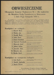 Obwieszczenie Okręgowej Komisji Wyborczej Nr 1 dla wyborów do Miejskiej Rady Narodowej w Skoczowie z dnia 15-go listopada 1954 r.