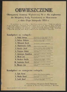 Obwieszczenie Okręgowej Komisji Wyborczej Nr 4 dla wyborów do Miejskiej Rady Narodowej w Skoczowie z dnia 15-go listopada 1954 r.