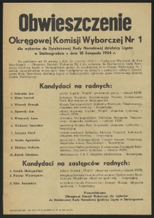 Obwieszczenie Okręgowej Komisji Wyborczej Nr 1 dla wyborów do Dzielnicowej Rady Narodowej dzielnicy Ligota w Stalinogrodzie z dnia 18 listopada 1954 r.