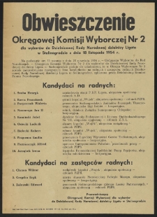 Obwieszczenie Okręgowej Komisji Wyborczej Nr 2 dla wyborów do Dzielnicowej Rady Narodowej dzielnicy Ligota w Stalinogrodzie z dnia 18 listopada 1954 r.