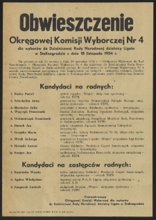 Obwieszczenie Okręgowej Komisji Wyborczej Nr 4 dla wyborów do Dzielnicowej Rady Narodowej dzielnicy Ligota w Stalinogrodzie z dnia 18 listopada 1954 r.
