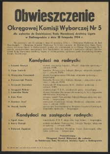 Obwieszczenie Okręgowej Komisji Wyborczej Nr 5 dla wyborów do Dzielnicowej Rady Narodowej dzielnicy Ligota w Stalinogrodzie z dnia 18 listopada 1954 r.