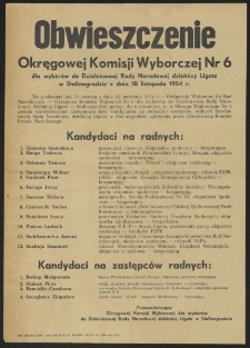 Obwieszczenie Okręgowej Komisji Wyborczej Nr 6 dla wyborów do Dzielnicowej Rady Narodowej dzielnicy Ligota w Stalinogrodzie z dnia 18 listopada 1954 r.
