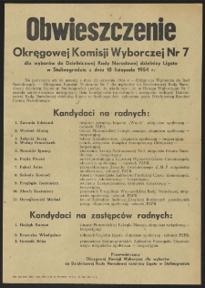 Obwieszczenie Okręgowej Komisji Wyborczej Nr 7 dla wyborów do Dzielnicowej Rady Narodowej dzielnicy Ligota w Stalinogrodzie z dnia 18 listopada 1954 r.
