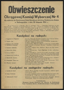 Obwieszczenie Okręgowej Komisji Wyborczej Nr 4 dla wyborów do Dzielnicowej Rady Narodowej dzielnicy Sródmieście-Załęże w Stalinogrodzie z dnia 18 listopada 1954 r.