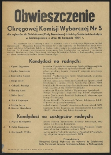 Obwieszczenie Okręgowej Komisji Wyborczej Nr 5 dla wyborów do Dzielnicowej Rady Narodowej dzielnicy Sródmieście-Załęże w Stalinogrodzie z dnia 18 listopada 1954 r.