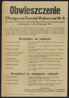 Obwieszczenie Okręgowej Komisji Wyborczej Nr 6 dla wyborów do Dzielnicowej Rady Narodowej dzielnicy Sródmieście-Załęże w Stalinogrodzie z dnia 18 listopada 1954 r.