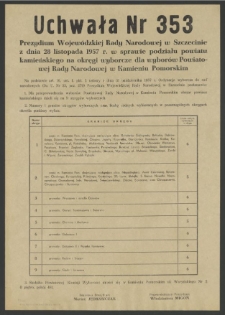 Uchwała Nr 353 Prezydium Wojewódzkiej Rady Narodowej w Szczecinie z dnia 28 listopada 1957 r. w sprawie podziału powiatu kamieńskiego na okręgi wyborcze dla wyborów Powiatowej Rady Narodowej w Kamieniu Pomorskim.