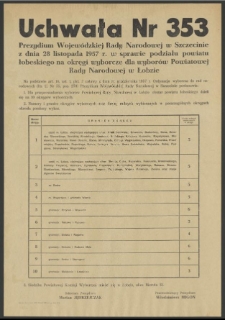 Uchwała Nr 353 Prezydium Wojewódzkiej Rady Narodowej w Szczecinie z dnia 28 listopada 1957 r. w sprawie podziału powiatu łobeskiego na okręgi wyborcze dla wyborów Powiatowej Rady Narodowej w Łobzie.