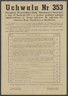 Uchwała nr 353 Prezydium Wojewódzkiej Rady Narodowej w Szczecinie z dnia 28 listopada 1957 r. w sprawie podziału powiatu myśliborskiego na okręgi wyborcze dla wyborów Powiatowej Rady Narodowej w Myśliborzu.