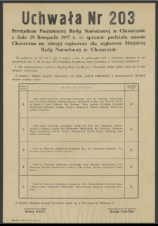Uchwała nr 203 Prezydium Powiatowej Rady Narodowej w Choszcznie z dnia 29 listopada 1957 r. w sprawie podziału miasta Choszczna na okręgi wyborcze dla wyborów Miejskiej Rady Narodowej w Choszcznie.