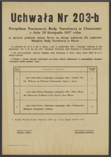 Uchwała nr 203-b Prezydium Powiatowej Rady Narodowej w Choszcznie z dnia 29 listopada 1957 roku w sprawie podziału miasta Recza na okręgi wyborcze dla wyborów Miejskiej Rady Narodowej w Reczu.