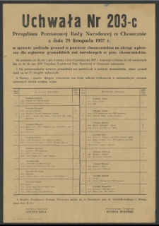Uchwała Nr 203-c Prezydium Powiatowej Rady Narodowej w Choszcznie z dnia 29 listopada 1957 r. w sprawie podziału gromad w powiecie choszczeńskim na okręgi wyborcze dla wyborów gromadzkich rad narodowych w pow. choszczeńskim.