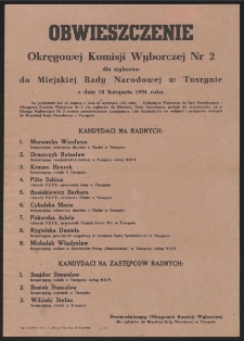 Obwieszczenie Okręgowej Komisji Wyborczej Nr 2 dla wyborów do Miejskiej Rady Narodowej w Tuszynie z dnia 18 listopada 1954 r.