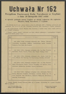Uchwała Nr 162 Prezydium Powiatowej Rady Narodowej w Gryfinie z dnia 29 listopada 1957 roku w sprawie podziału miasta Gryfino na okręgi wyborcze dla wyborów Miejskiej Rady Narodowej w Gryfinie.