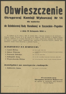 Obwieszczenie Okręgowej Komisji Wyborczej Nr 14 dla wyborów do Dzielnicowej Rady Narodowej w Szczecinie-Pogodno z dnia 15 listopada 1954 r.