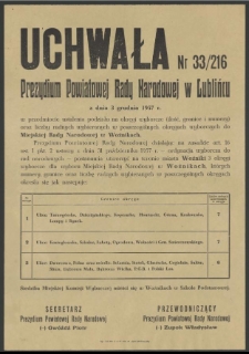 Uchwała Nr 33/216 Prezydium Powiatowej Rady Narodowej w Lublińcu z dnia 3 grudnia 1957 r.
