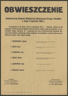 Obwieszczenie Dzielnicowej Komisji Wyborczej Warszawa-Praga Południe z dnia 8 stycznia 1958 r.