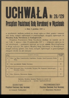 Uchwała Nr 28/129 Prezydium Powiatowej Rady Narodowej w Myszkowie z dnia 2 grudnia 1957 r.