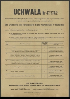 Uchwała Nr 47/774/2 Prezydium Wojewódzkiej Rady Narodowej w Stalinogrodzie z dnia 7 października 1954 r. w sprawie podziału powiatu będzińskiego na okręgi wyborcze.