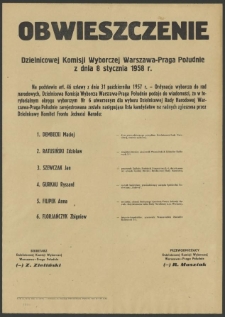 Obwieszczenie Dzielnicowej Komisji Wyborczej Warszawa-Praga Południe z dnia 8 stycznia 1958 r.