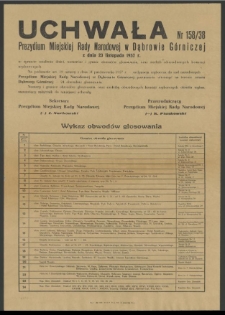 Uchwała Nr 158/38 Prezydium Miejskiej Rady Narodowej w Dąbrowie Górniczej z dnia 23 listopada 1957 r. w sprawie ustalenia ilości numerów i granic obowdów głosowania oraz siedzib obwodowych komisji wyborczych.