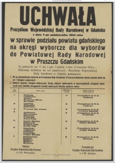 Uchwała Prezydium Wojewódzkiej Rady Narodowej w Gdańsku z dnia 7 października 1954 r. w sprawie podziału powiatu gdańskiego na okręgi wyborcze dla wyborów do Powiatowej Rady Narodowej w Pruszczu Gdańskim.