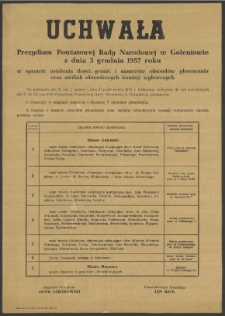Uchwała Prezydium Powiatowej Rady Narodowej w Goleniowie z dnia 3 grudnia 1957 r. w sprawie ustalenia ilości, granic i numerów obwodowych komisji wyborczych.