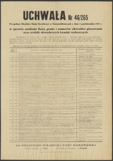 Uchwała Nr 46/265 Prezydium Miejskiej Rady Narodowej w Świętochławicach z dnia 4 października 1954 r. w sprawie ustalenia ilości, granic i numerów obwodów głosowania oraz siedzib obwodowych Komisji wyborczych.