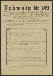 Uchwała Nr 149 Prezydium Powiatowej Rady Narodowej w Goleniowie z dnia 28 listopada 1957 r. w sprawie podziału miasta Goleniowa na okręgi wyborcze dla wyborów Miejskiej Rady Narodowej.