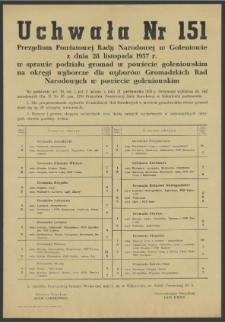 Uchwała Nr 151 Prezydium Powiatowej Rady Narodowej w Goleniowie z dnia 28 listopada 1957 r. w sprawie podziału gromad w powiecie goleniowskim na okręgi wyborcze dla wyborów Gromadzkich Rad Narodowych w powiecie goleniowskim.