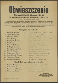 Obwieszczenie Okręgowej Komisji Wyborczej Nr 33 dla wyborów do Dzielnicowej Rady Narodowej Szczecin-Dąbie z dnia 15 listopada 1954 roku.