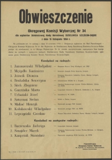 Obwieszczenie Okręgowej Komisji Wyborczej Nr 34 dla wyborów Dzielnicowej Rady Narodowej Dzielnica Szczecin-Dąbie z dnia 15 listopada 1954 r.
