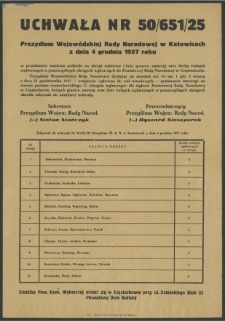 Uchwała Nr 50/651/25 Prezydium Wojewódzkiej Rady Narodowej w Katowicach z dnia 4 grudnia 1957 r.